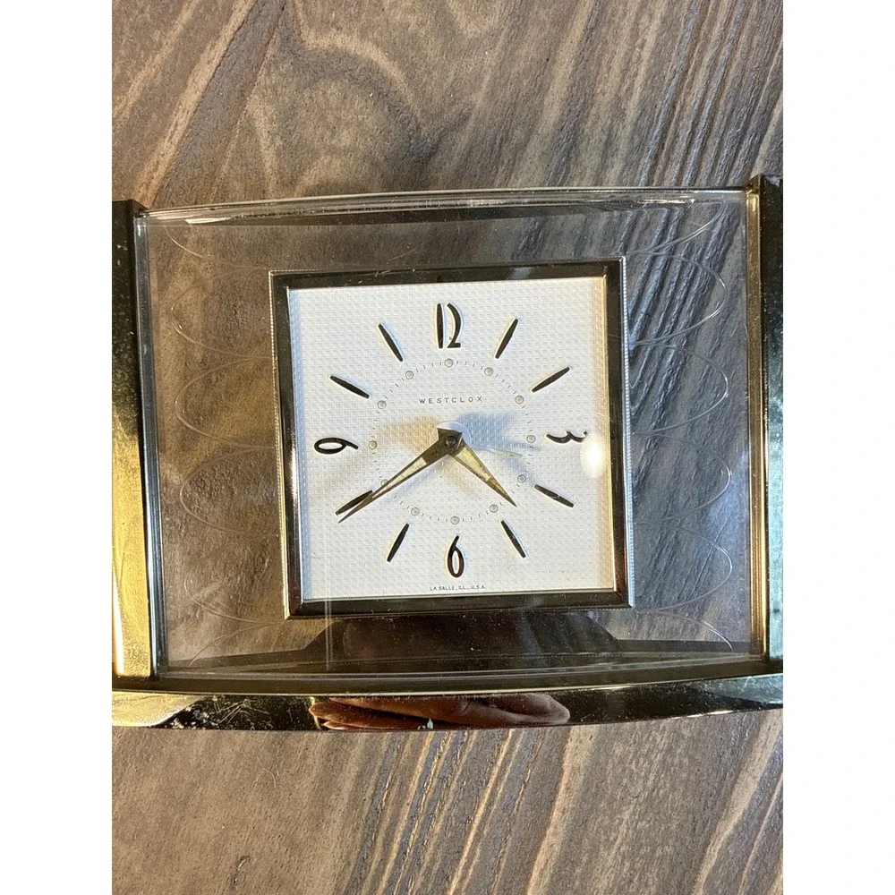 Vintage Westclox Alarm Clock Gold Mid Century Modern Acrylic Atomic Etched Works